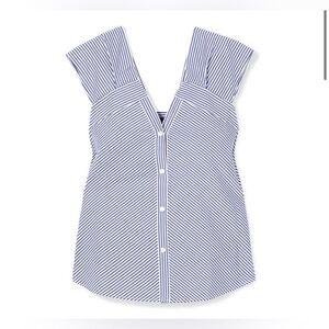 Theory Top Womens Small Blue V-Neck Off Shoulder Hartman Striped Cotton